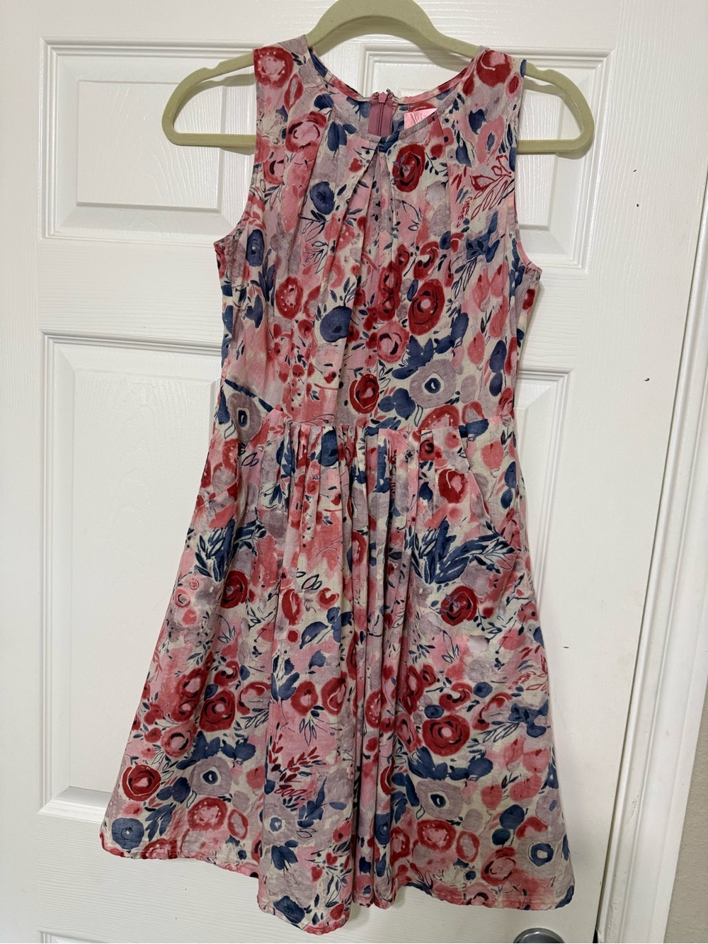 Mixx Shuz Pink Floral Midi Dress with Red & Blue Blooms, size 2